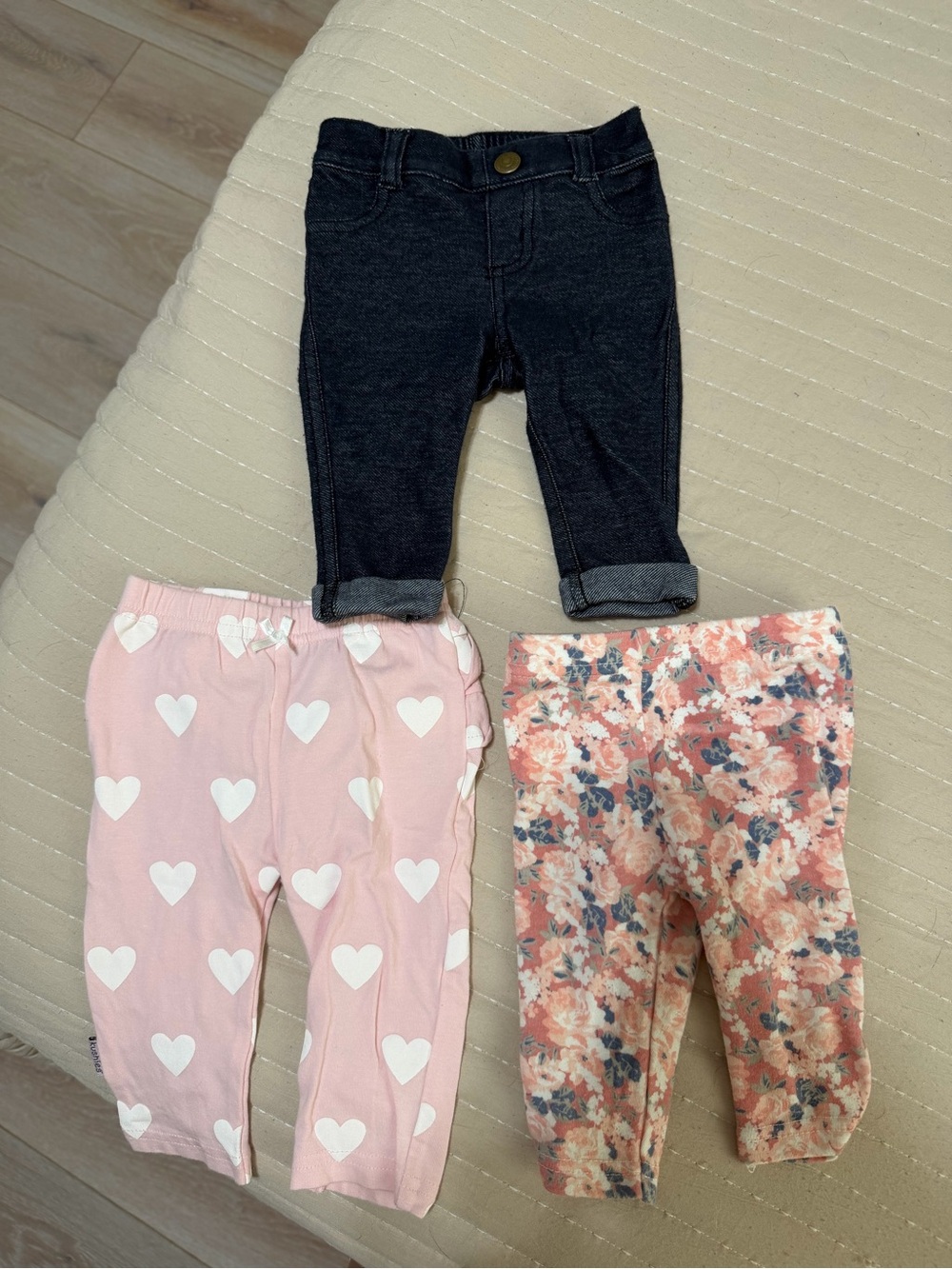Kids Dark Wash Denim Jeggings, Pink Heart and Floral Knit Bottoms - 3-Pack